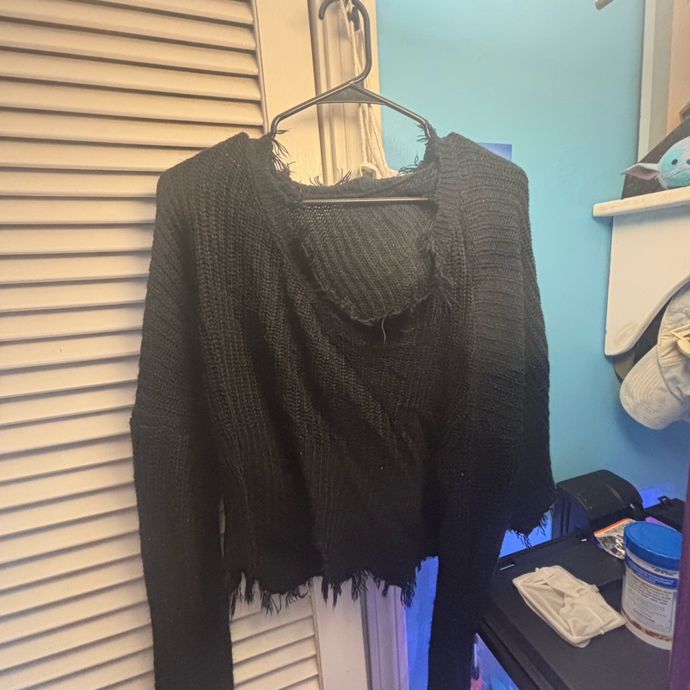 SHEIN Black Distressed Cowl Neck Sweater
